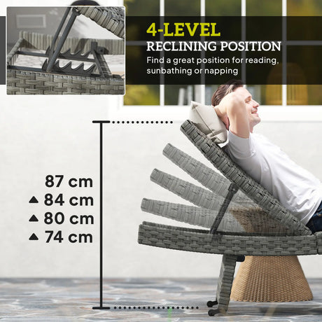 Outsunny Outdoor PE Rattan Sun Lounger, Folding Wicker Garden Lounger Recliner with 4-Level Adjustable Backrest, Rolling Sunbed Lounge Chair with Wheels, Non-Slip Legs for Balcony, Beach, Mixed-grey