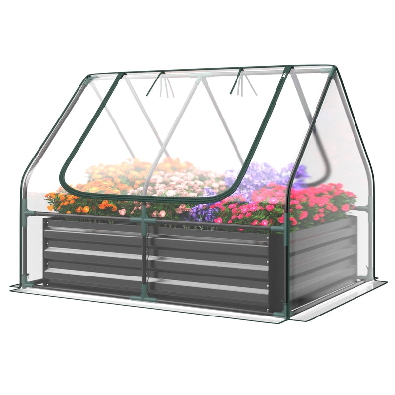 Mini Greenhouse with Roll-up Zipper Doors and Raised Garden Bed-Transparent