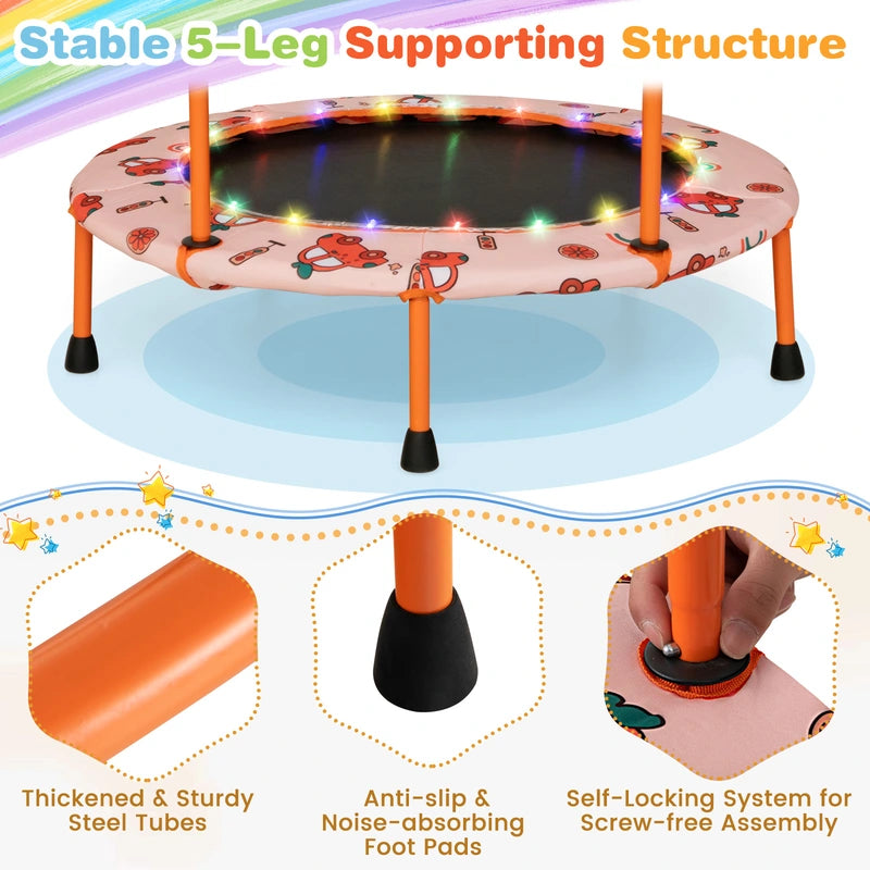 Mini Trampoline for Children with LED Lights and Safety Handle-Orange