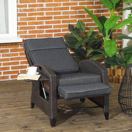 Outsunny Outdoor Recliner Chair with Adjustable Backrest and Footrest, Cushion, Side Tray, Dark Grey/Brown