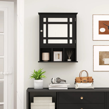 Mirror Door Cabinet with Adjustable Shelf and 3 Compartments-Black