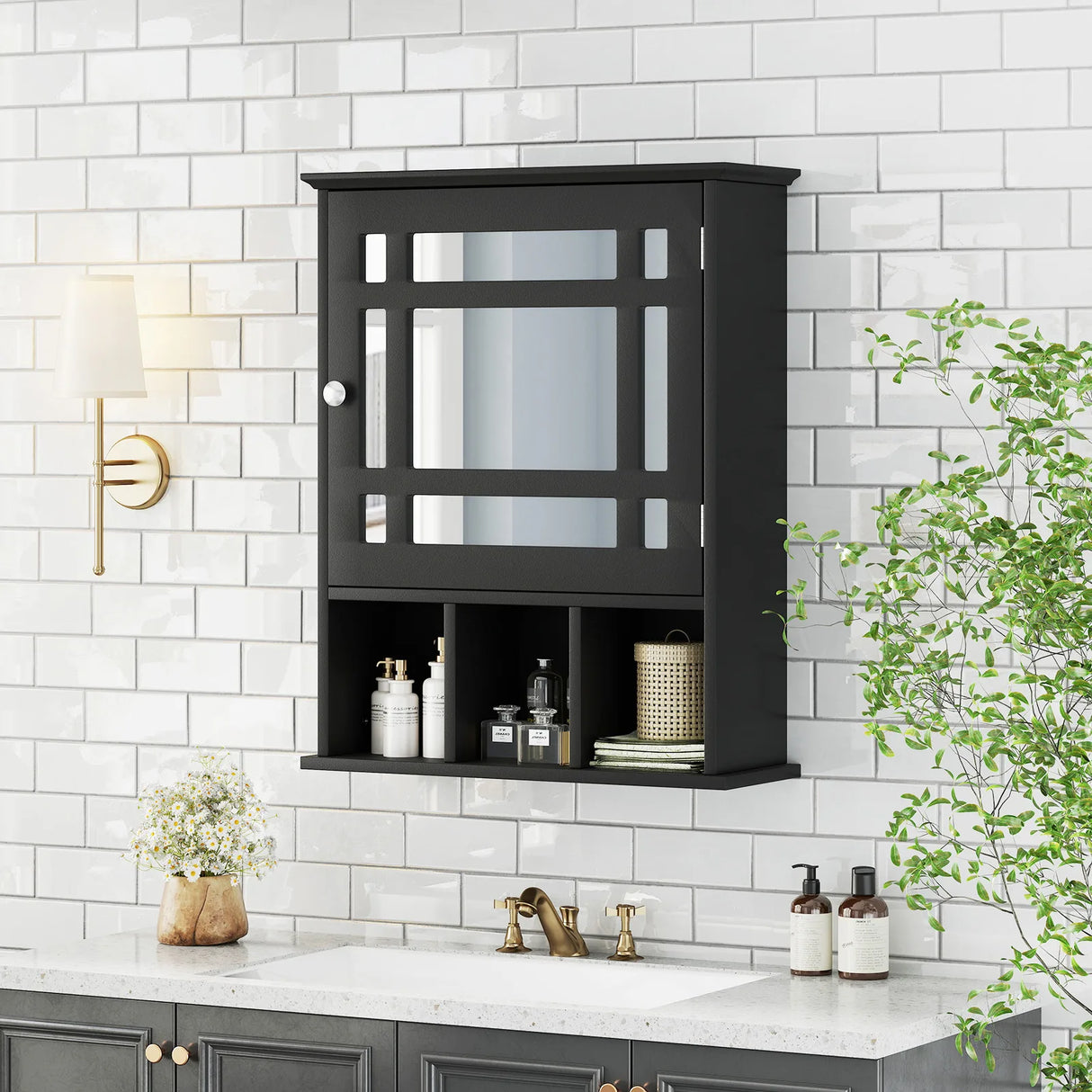 Mirror Door Cabinet with Adjustable Shelf and 3 Compartments-Black