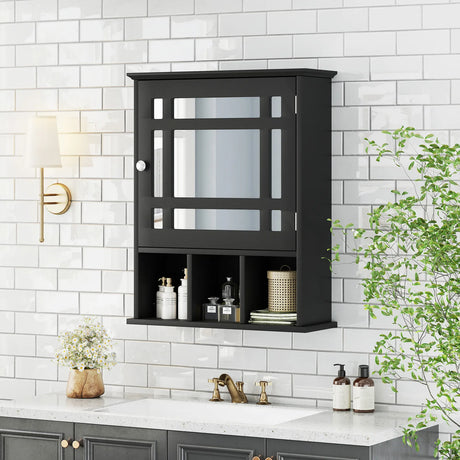 Mirror Door Cabinet with Adjustable Shelf and 3 Compartments-Black