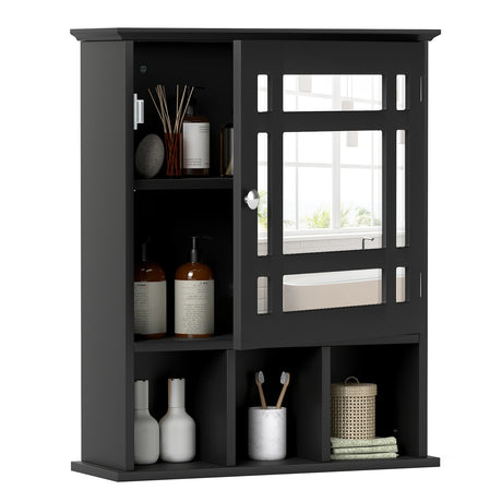 Mirror Door Cabinet with Adjustable Shelf and 3 Compartments-Black