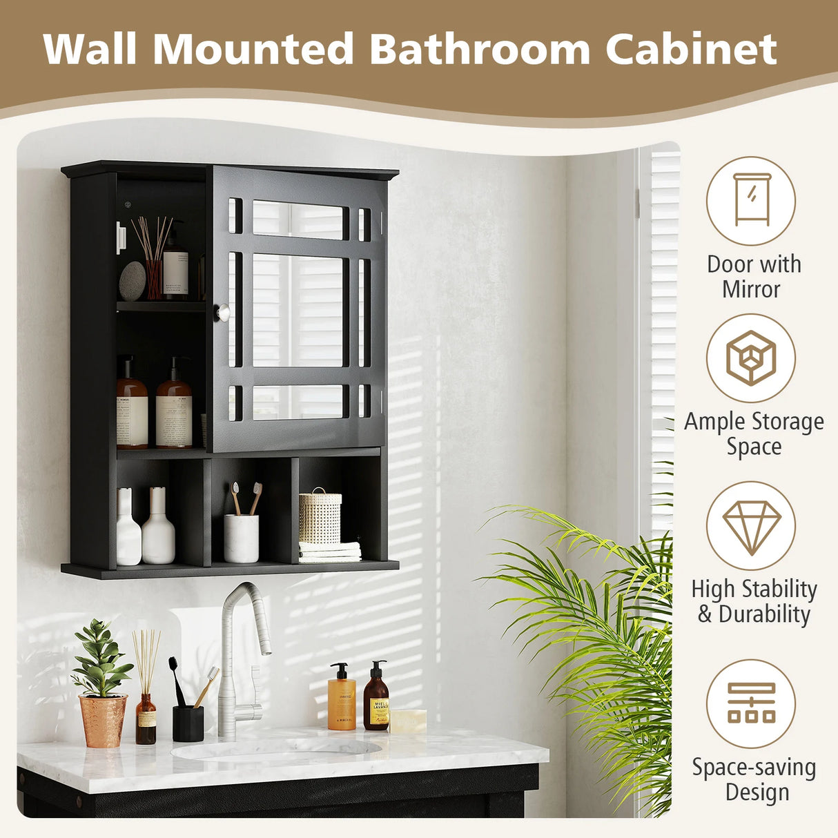 Mirror Door Cabinet with Adjustable Shelf and 3 Compartments-Black