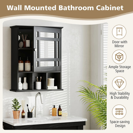 Mirror Door Cabinet with Adjustable Shelf and 3 Compartments-Black