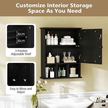 Mirror Door Cabinet with Adjustable Shelf and 3 Compartments-Black