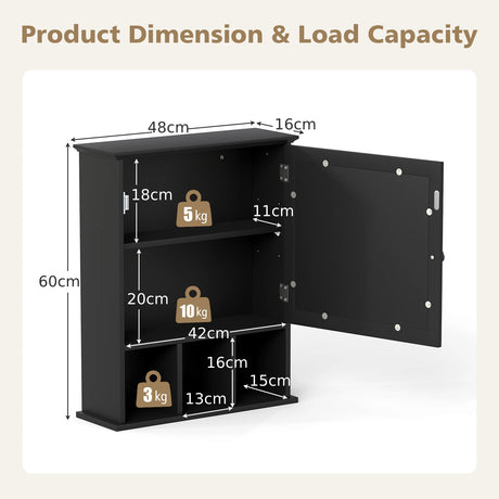 Mirror Door Cabinet with Adjustable Shelf and 3 Compartments-Black
