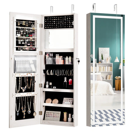 Mirror Jewellery Cabinet with Lights, 2 Keys and Large Capacity-White