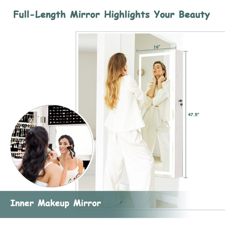 Mirror Jewellery Cabinet with Lights, 2 Keys and Large Capacity-White
