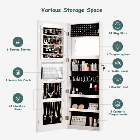 Mirror Jewellery Cabinet with Lights, 2 Keys and Large Capacity-White