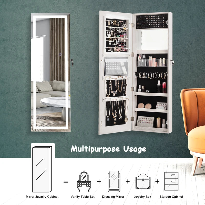 Mirror Jewellery Cabinet with Lights, 2 Keys and Large Capacity-White
