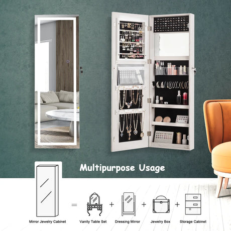 Mirror Jewellery Cabinet with Lights, 2 Keys and Large Capacity-White