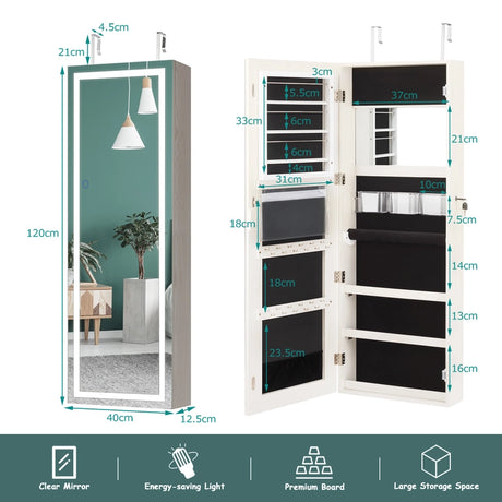 Mirror Jewellery Cabinet with Lights, 2 Keys and Large Capacity-White