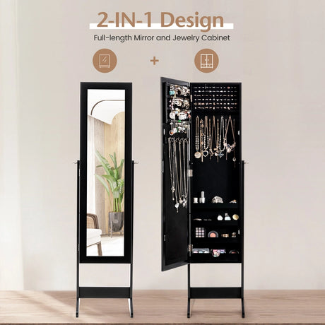 New Mirrored Jewelry Cabinet Armoire Mirror Organizer Storage Box Ring w/ Stand-Black