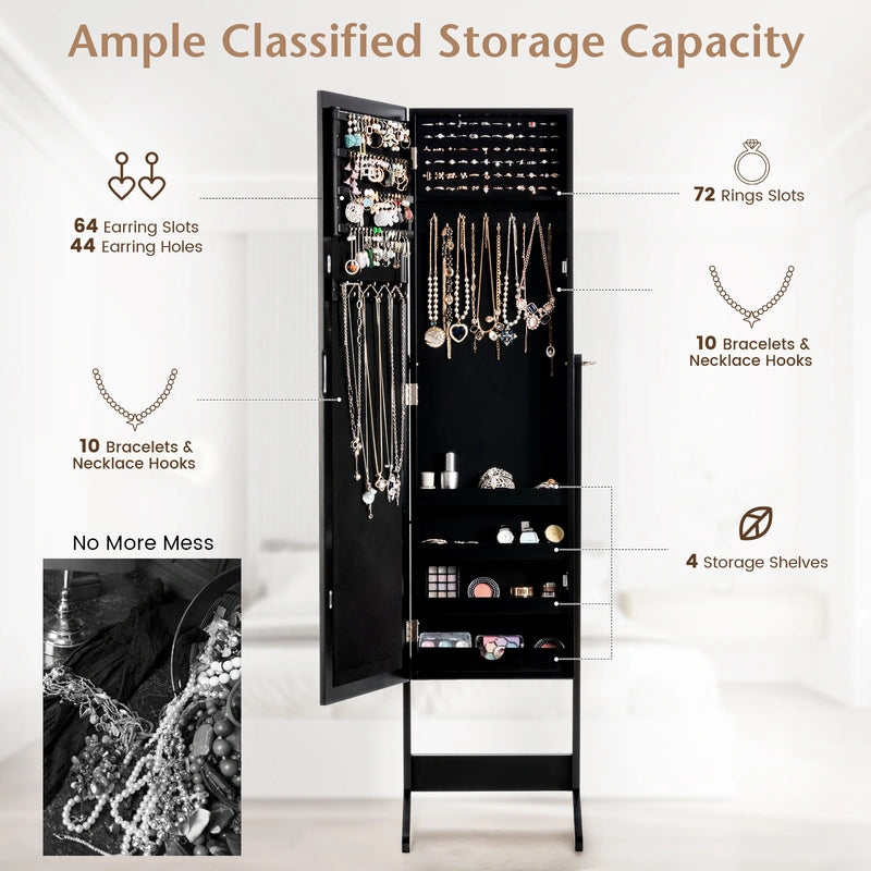 New Mirrored Jewelry Cabinet Armoire Mirror Organizer Storage Box Ring w/ Stand-Black