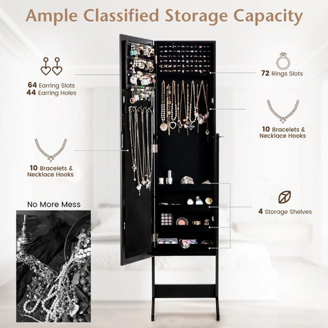 New Mirrored Jewelry Cabinet Armoire Mirror Organizer Storage Box Ring w/ Stand-Black