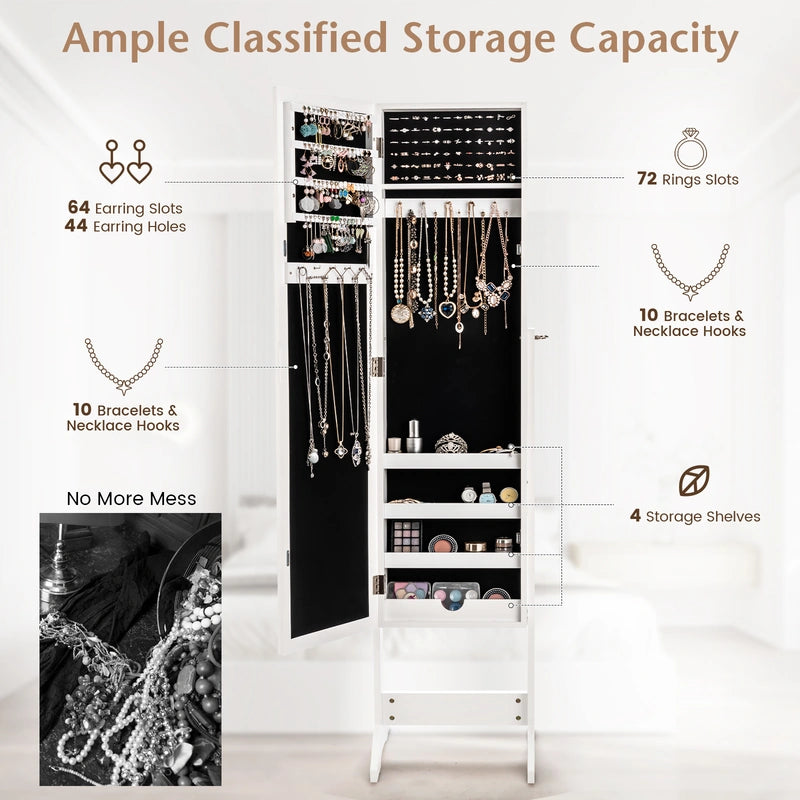 New Mirrored Jewelry Cabinet Armoire Mirror Organizer Storage Box Ring w/ Stand-White