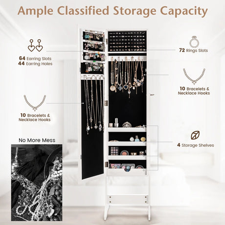 New Mirrored Jewelry Cabinet Armoire Mirror Organizer Storage Box Ring w/ Stand-White
