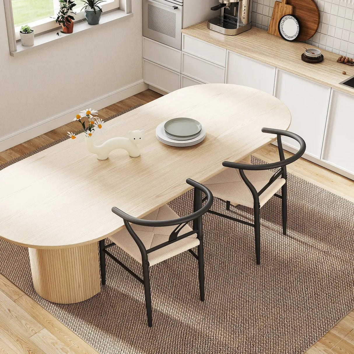 HOMCOM Set of Two Weave Dining Chairs with Y-Shaped Backrest Hemp Seat - Black/Beige