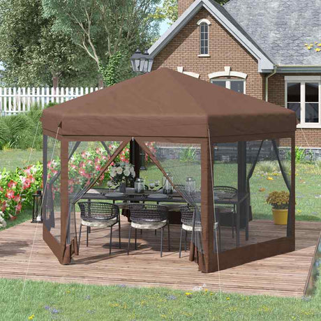 Outsunny 3.5m x 4m Hexagonal Pop Up Gazebo, Canopy Tent Sun Shelter for Patio Outdoor Party, Height Adjustable, with Mosquito Netting and Carry Bag - Brown