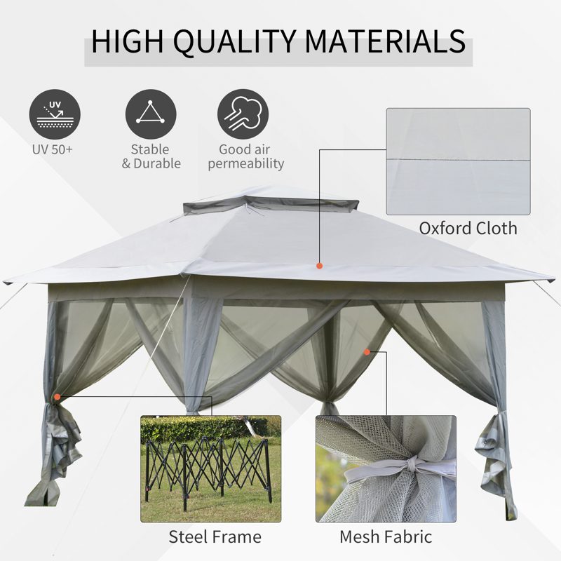 Outsunny 3.6 x 3.6 m Pop up Gazebo with Netting, Height Adjustable Party Tent Instant Canopy Sun Shade Shelter, Grey