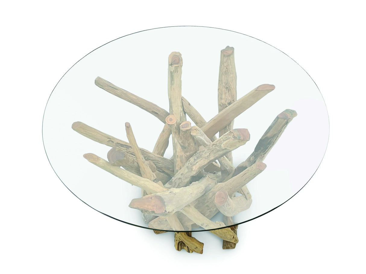 Root driftwood coffee table with 90 cm round glass