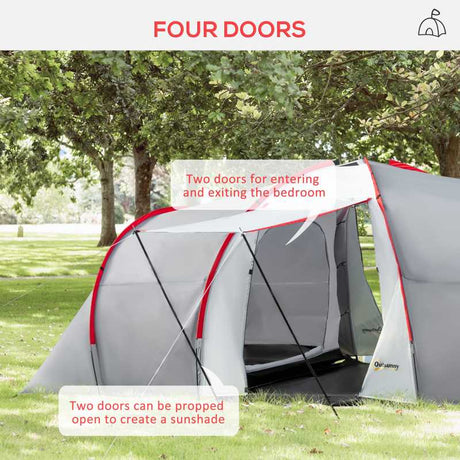 Outsunny Four-Man Tunnel Tent, with Two Bedrooms and Living Room - Grey/Red