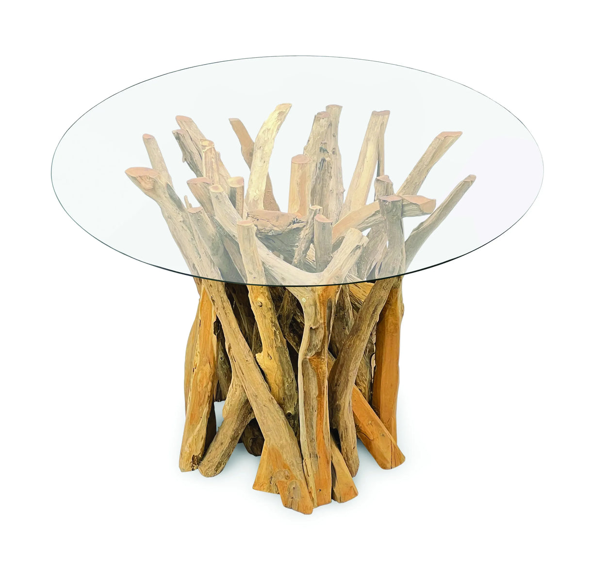 ROOT DRIFTWOOD ROUND DINING TABLE WITH 120CM ROUND GLASS