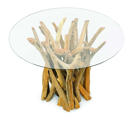 ROOT DRIFTWOOD ROUND DINING TABLE WITH 120CM ROUND GLASS