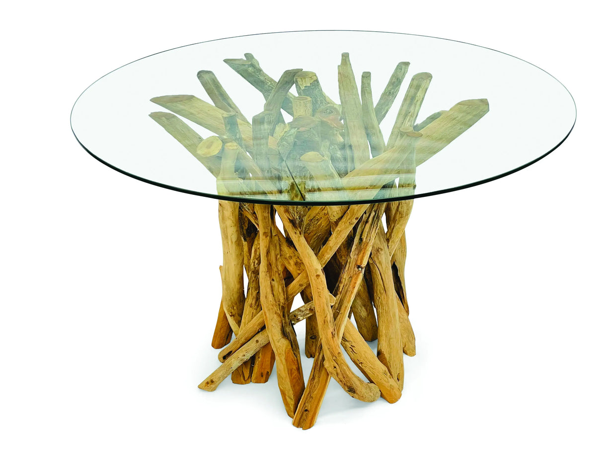 ROOT DRIFTWOOD ROUND DINING TABLE WITH 120CM ROUND GLASS