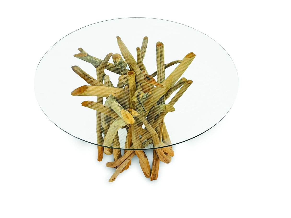 ROOT DRIFTWOOD ROUND DINING TABLE WITH 120CM ROUND GLASS