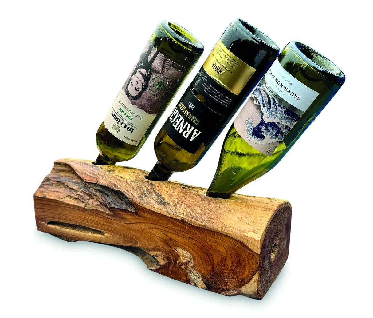 Teak Log Table Wine Holder 3 Bottles