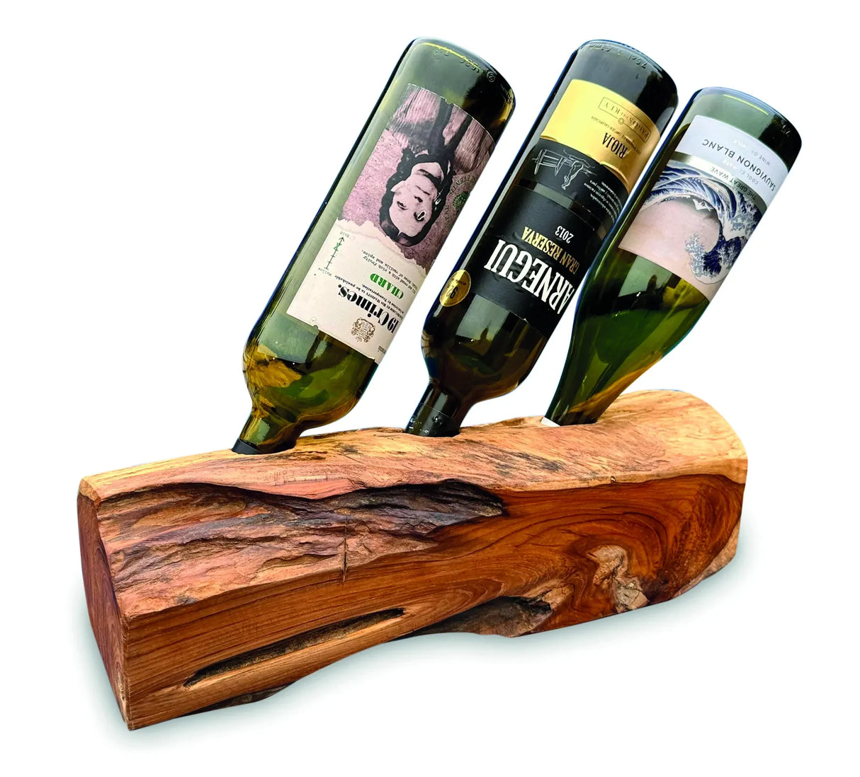 Teak Log Table Wine Holder 3 Bottles