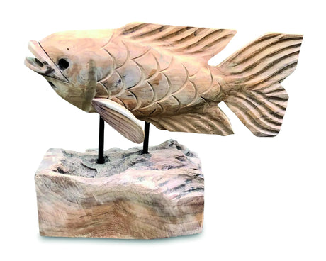 Teak Carp Fish on Stand 32 cm