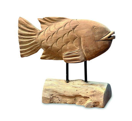 Teak Carp Fish on Stand 32 cm