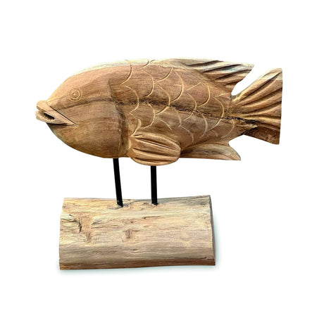 Teak Carp Fish on Stand 32 cm