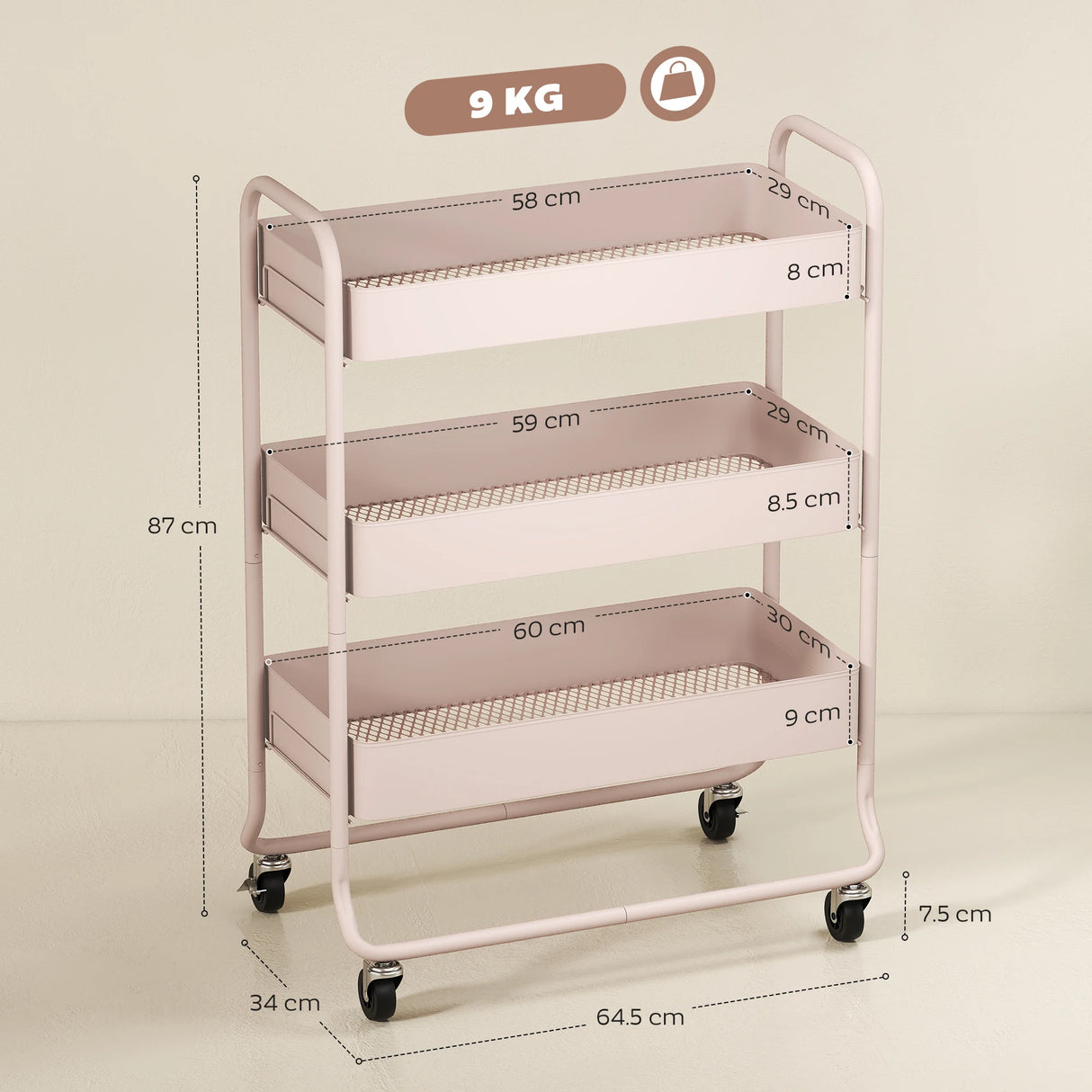 HOMCOM 3-Tier Storage Trolley on Wheels, Rolling Utility Cart with Mesh Backets for Kitchen, Bathroom, Bedroom, Light Pink
