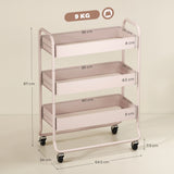 HOMCOM 3-Tier Storage Trolley on Wheels, Rolling Utility Cart with Mesh Backets for Kitchen, Bathroom, Bedroom, Light Pink