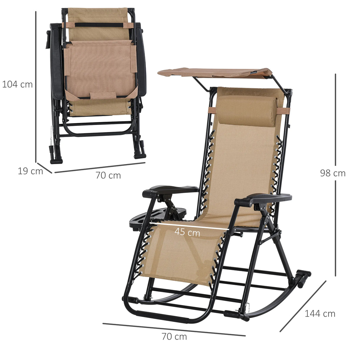 Outsunny Garden Rocking Chair Folding Recliner Outdoor Adjustable Sun Lounger Rocker Zero-Gravity Seat with Headrest Side Holder Patio Deck - Beige