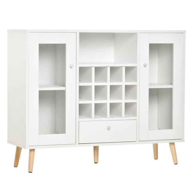 HOMCOM Modern Sideboard Storage Cabinet Kitchen Cupboard Dining Bar Server with Glass Doors, Drawer & 12-Bottle Wine Rack for Living Room, White