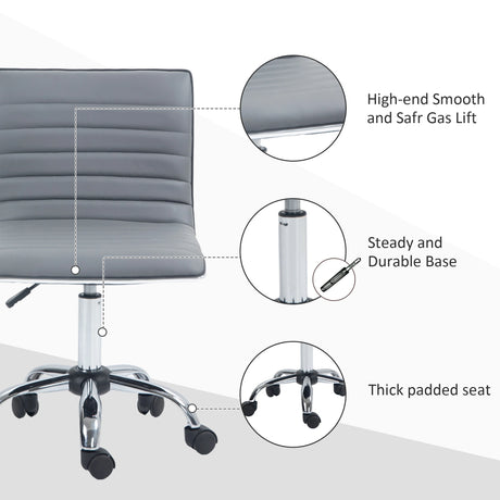 HOMCOM Armless Task Desk Chair, Swivel Office Chair with Faux Leather, Adjustable Seat Height, Chrome Base, Wheels for Home, Light Grey
