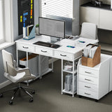 HOMCOM 120cm Computer Desk with Power Outlets, Office Desk Study Table with 3 Fabric Drawers and 4 Storage Shelves, White