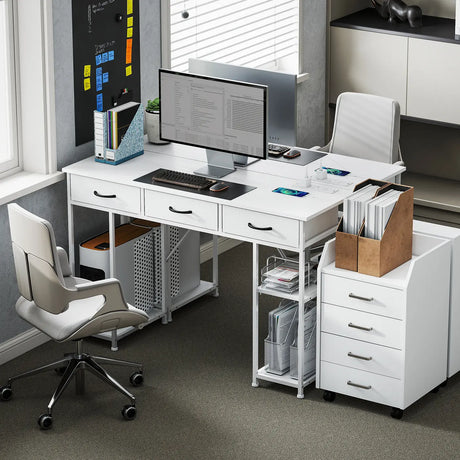 HOMCOM 120cm Computer Desk with Power Outlets, Office Desk Study Table with 3 Fabric Drawers and 4 Storage Shelves, White