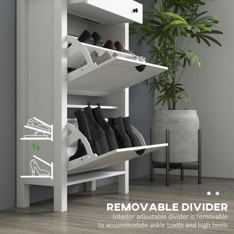 HOMCOM Narrow Shoe Cabinet with 2 Flip Drawers and Adjustable Shelves, White