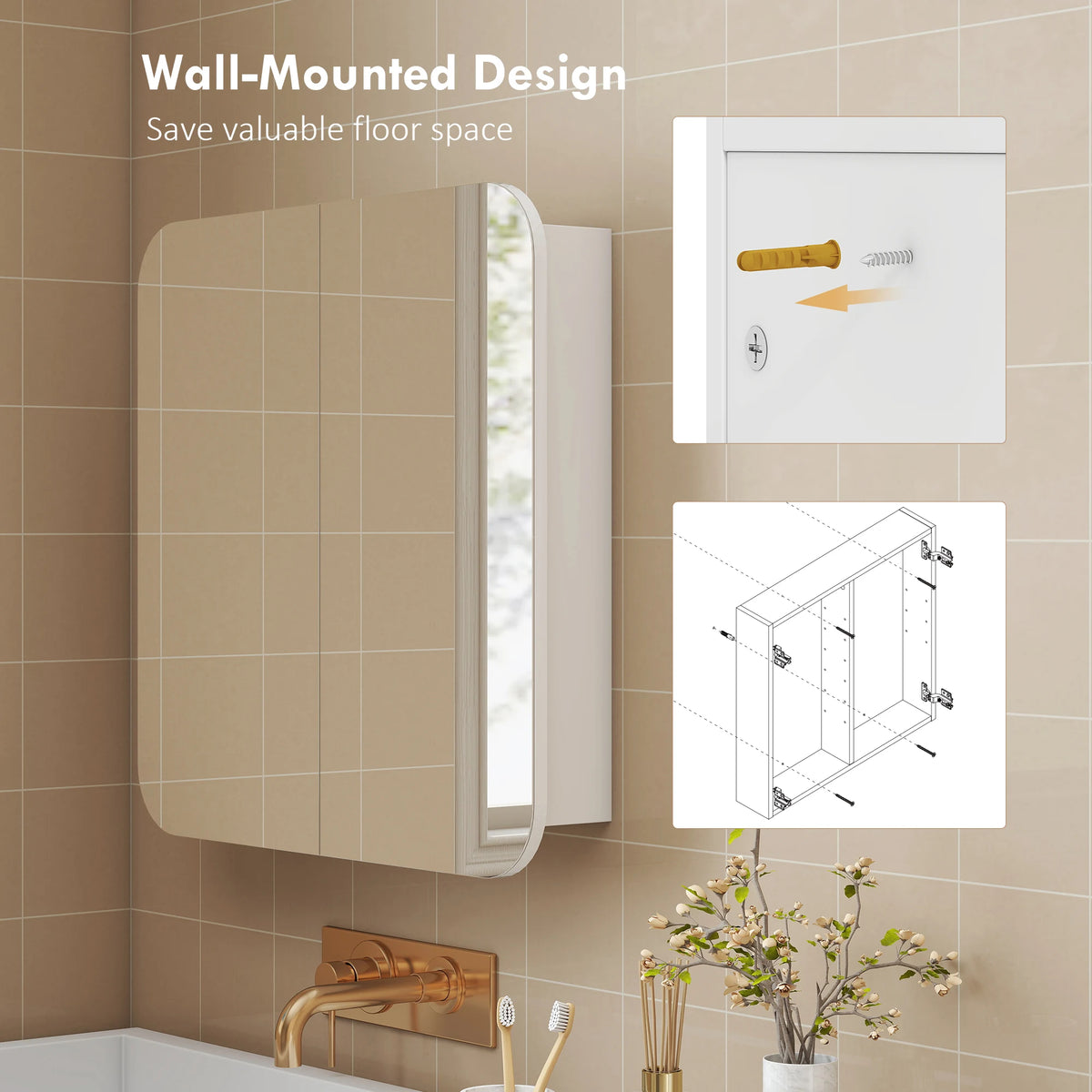 HOMCOM Arched Bathroom Mirror Cabinet with Adjustable Shelves - White