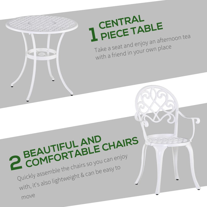 Outsunny 3PCs Garden Bistro Set Cast Aluminium Round Table with 2 Chairs for Outdoor Patio Balcony White