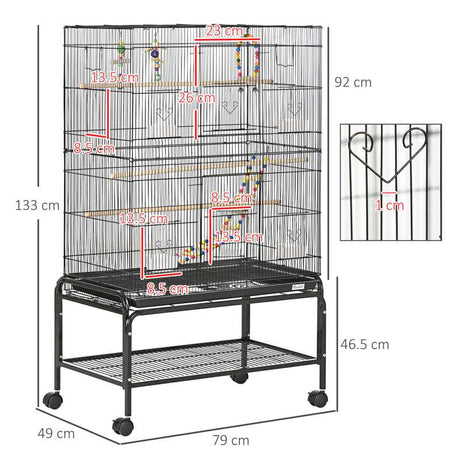 PawHut Large Bird Cage Budgie Cage with Stand, Toys, Wheels, Accessories, Storage Shelf for Canaries, Finches, Lovebirds, Parakeets - Black, 79 x 49 x 133 cm