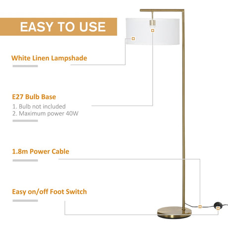 HOMCOM Floor Lamp, Modern Standing Light with Linen Lampshade, Round Base for Living Room, Bedroom, Dining Room, 153cm, Gold and White