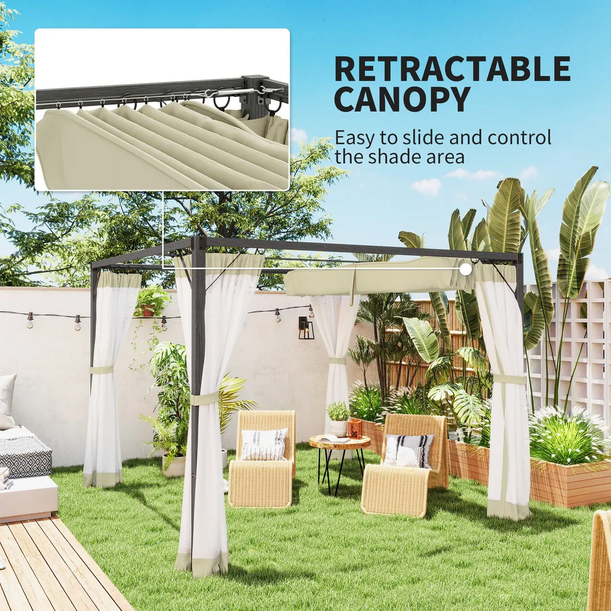 Outsunny 3 x 3m Aluminium Frame Pergola, with Retractable Roof - Khaki